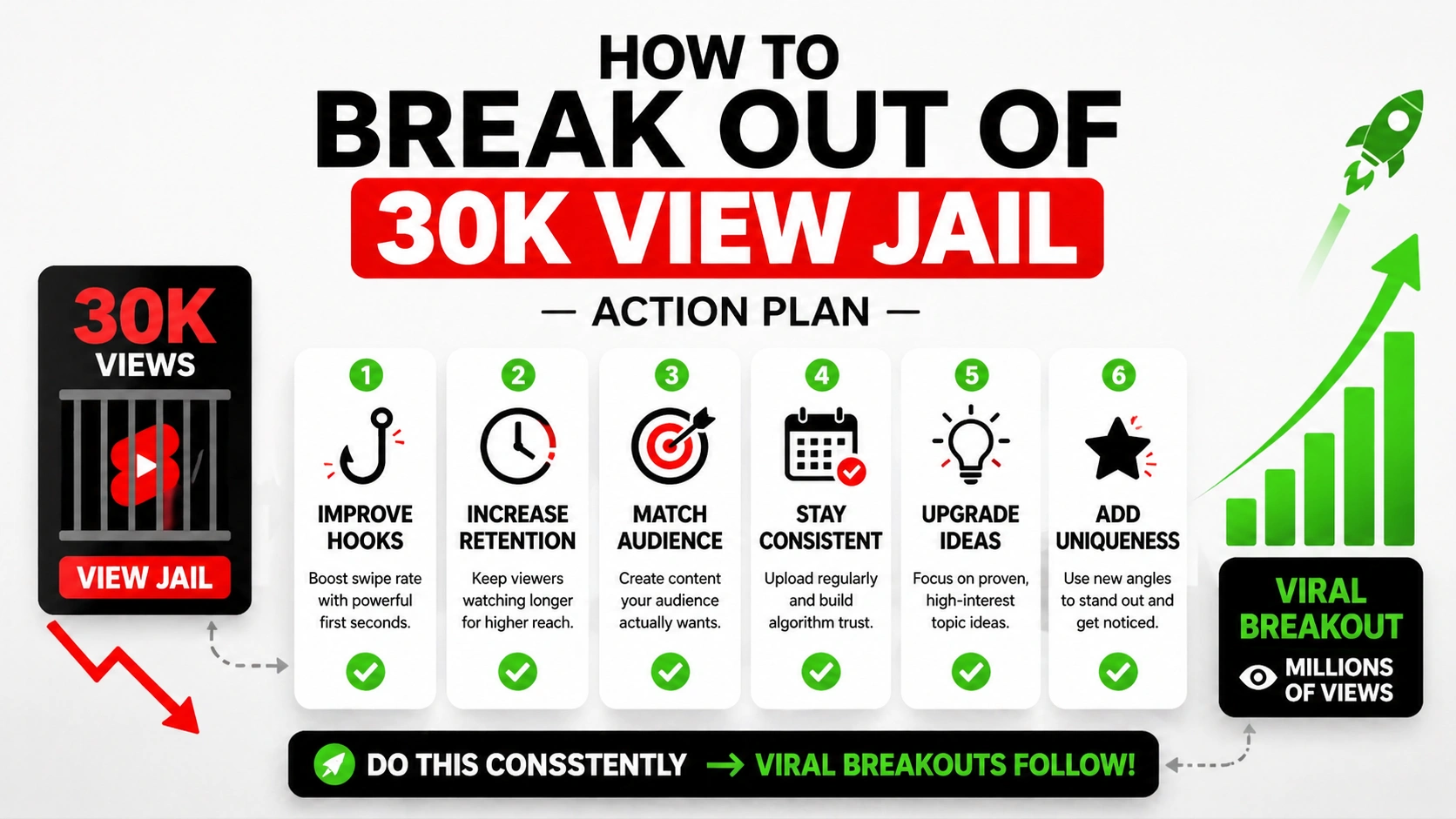 how to break out of 30k view jail youtube shorts action plan infographic
