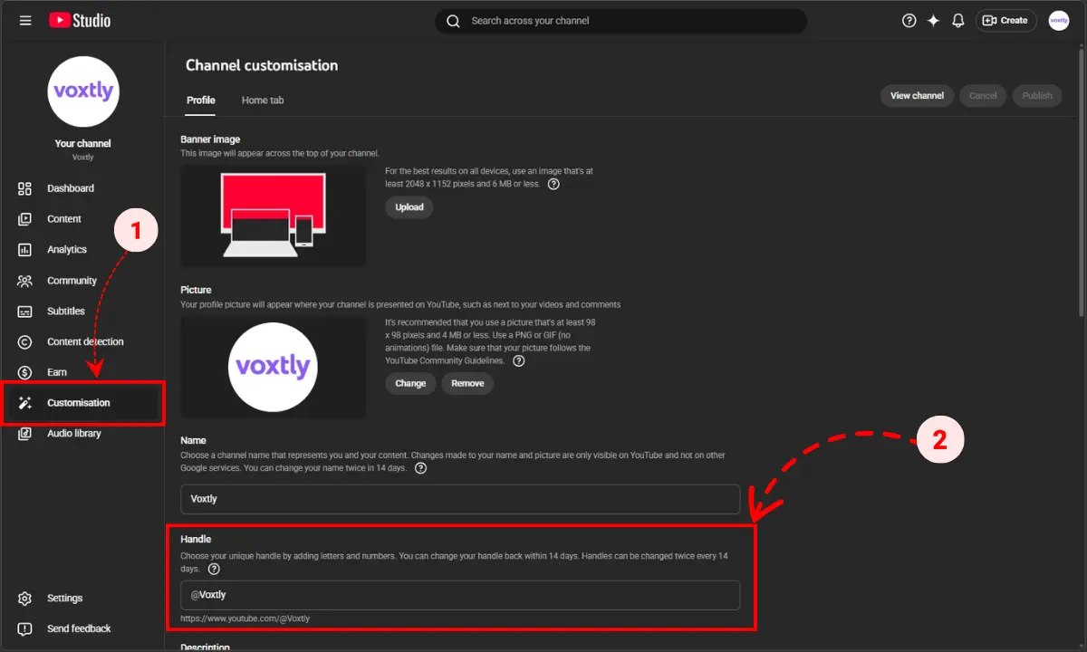 YouTube Channel customization to change handle