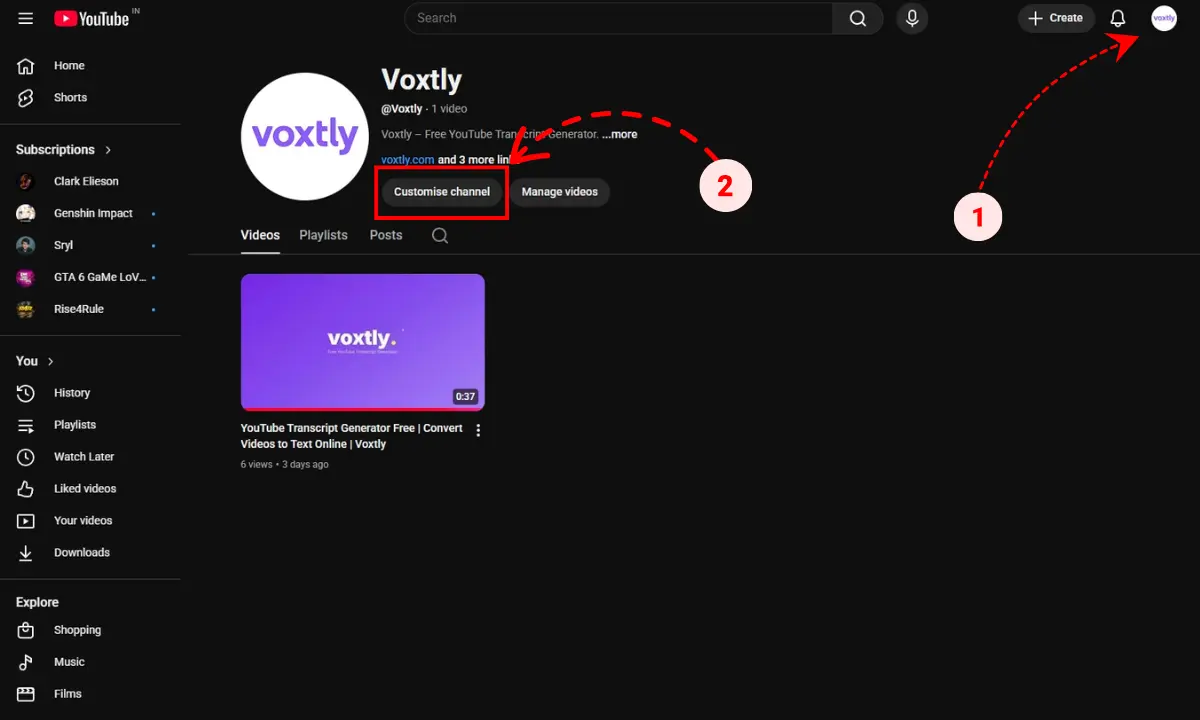 Click Customize Channel on YouTube profile